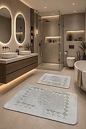 Premium, Deri Taban, Tavşan tüyü hissi,Yumuşacık Post Banyo Paspası 2'li 100x60 - 60x50 cm