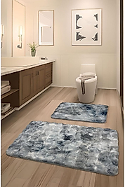 Premium Deri Taban, Yüksek tüylü Yumuşak,Bubble Post Banyo Paspası 2'li 100x60 - 60x50 cm - 2RGRİ