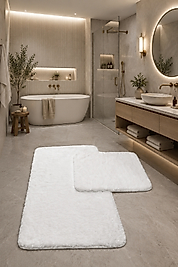 Premium, Deri Taban, Tavşan tüyü,Pofuduk Post Banyo Paspası 2'li 100x60 - 60x50 cm